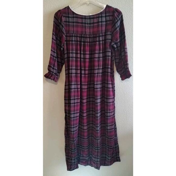 Eileen West Dark Pink Plaid 3/4 Sleeve Lace Ruffle Pockets Flannel Nightgown S - Picture 3 of 16